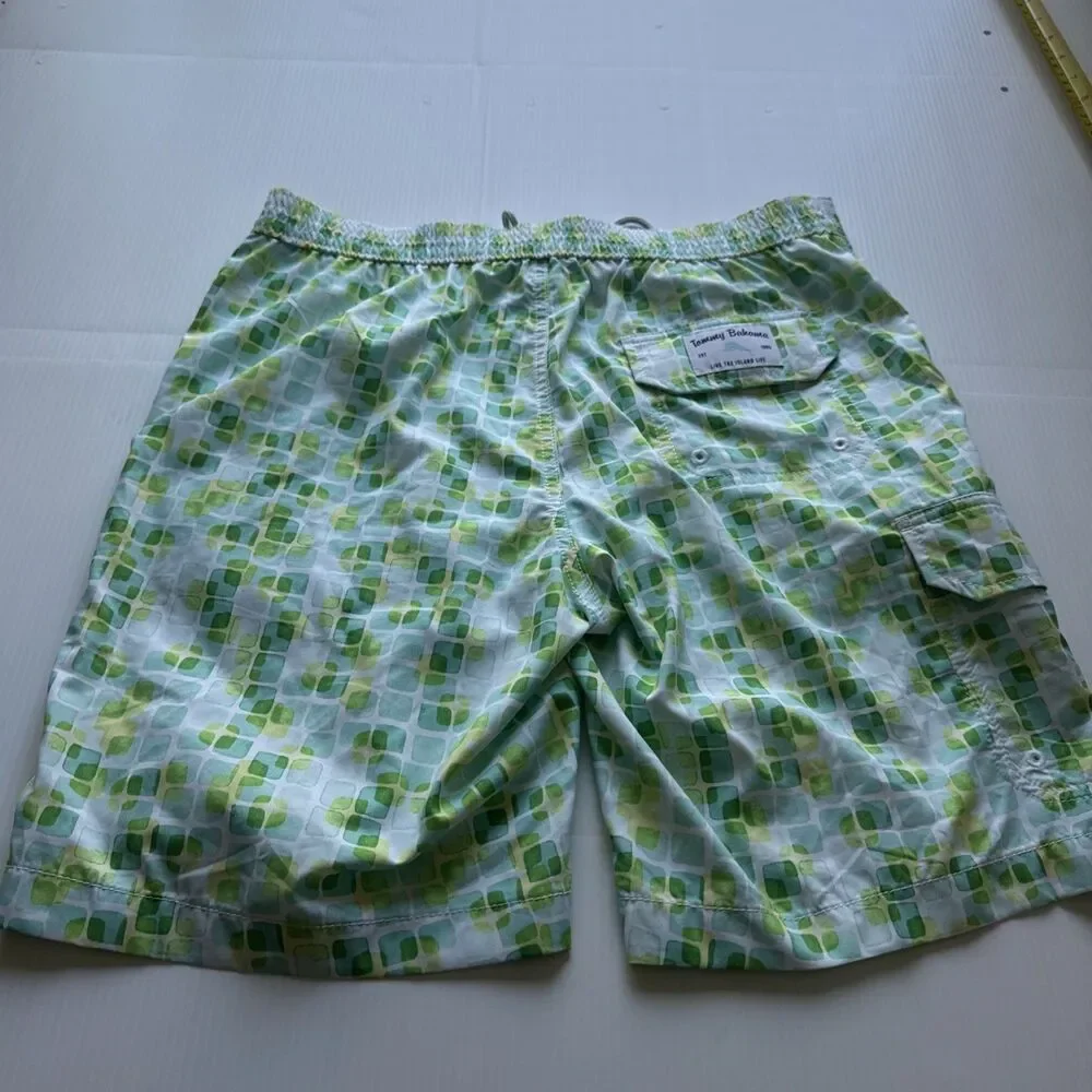 Tommy Bahama Men’s Swim Trunks M Green Geometric Print Drawstring Board Shorts